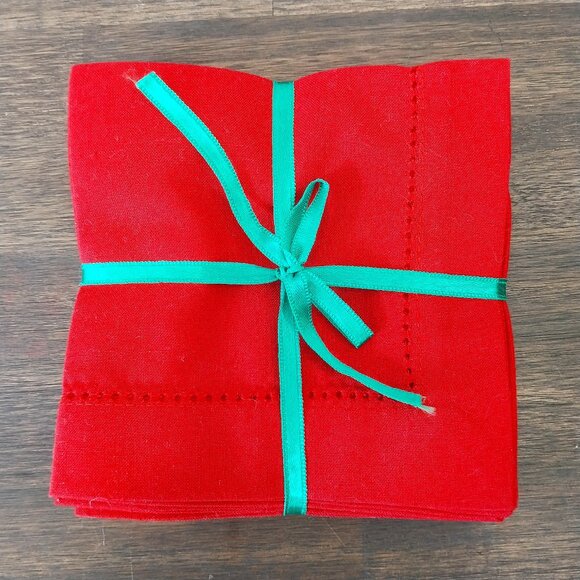 Red Cocktail Napkins Set of 6 Square 10" 100% Cotton Hemstitched by Dansk NEW. - Picture 2 of 2